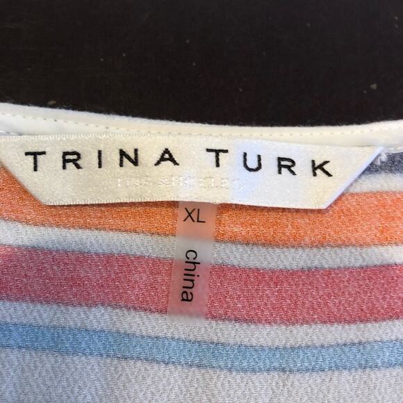 Trina Turk yellow orange white striped peplum faux wrap top size Extra Large XL - Picture 6 of 13